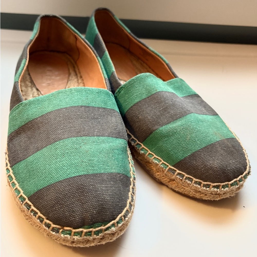 J. Crew Green and Blue Striped Espadrilles